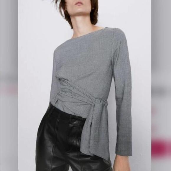 Zara Black White Houndstooth Plaid Bow Tie Top Size Extra Large XL - Picture 1 of 7